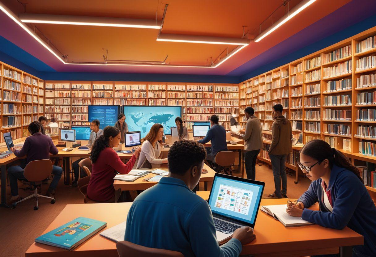 A visually striking illustration of a diverse group of individuals engaged in various research activities, such as browsing books, using laptops, and analyzing data on large screens. The background features a library filled with colorful books and technological elements like charts and graphs. Soft light illuminates the scene, emphasizing the theme of discovery and knowledge. The composition should evoke a sense of collaboration and inspiration. vibrant colors. super-realistic.