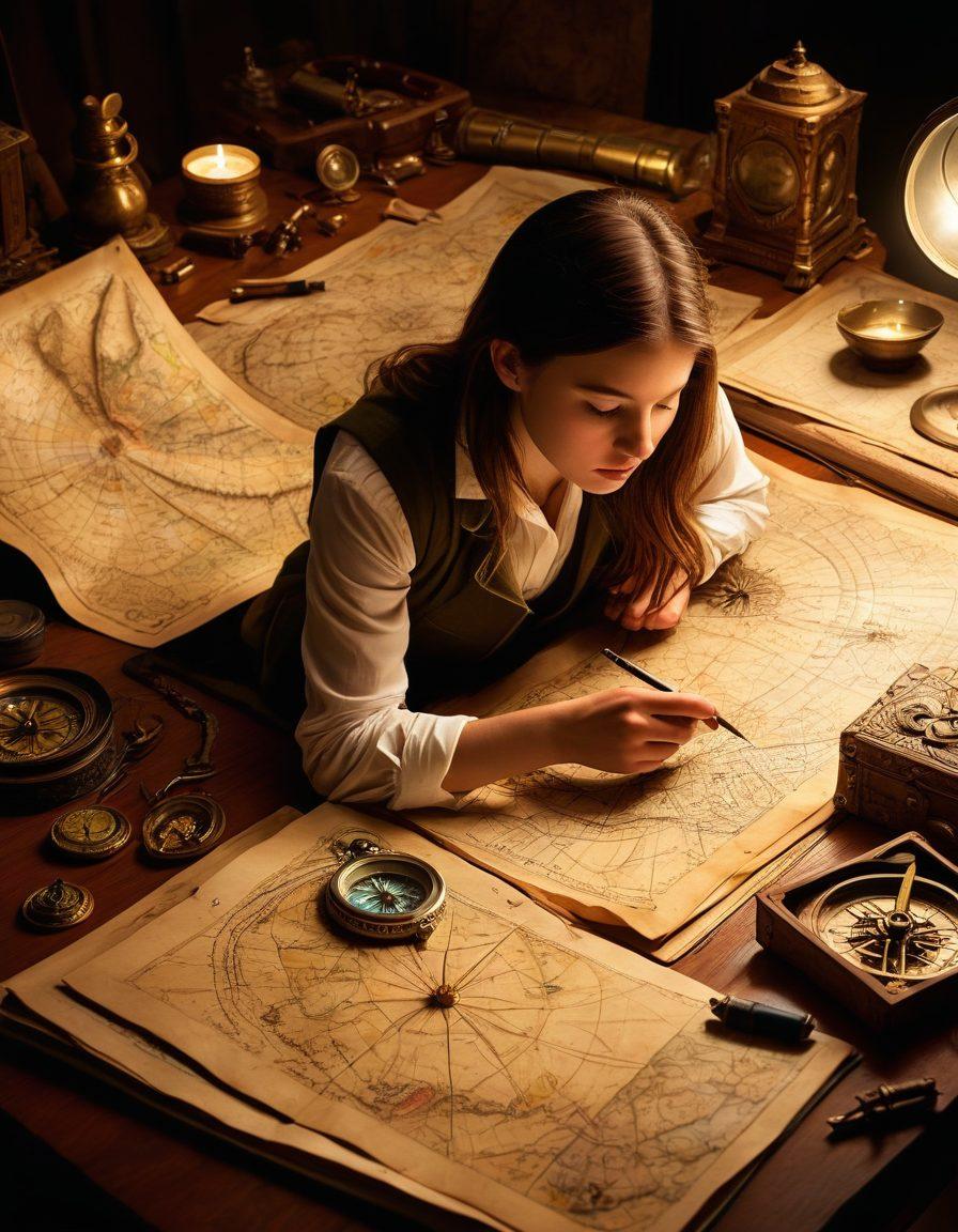 A captivating scene depicting a researcher immersed in a treasure map, surrounded by ancient artifacts and modern technology. The atmosphere blends mystery and excitement, with soft, dramatic lighting casting shadows on the map. Illustrate a diverse group of curious explorers brainstorming ideas beside a glowing magnifying glass, symbolizing discovery. Include intricate details like compasses, notebooks, and digital devices scattered around them. super-realistic. vibrant colors. soft dramatic lighting.