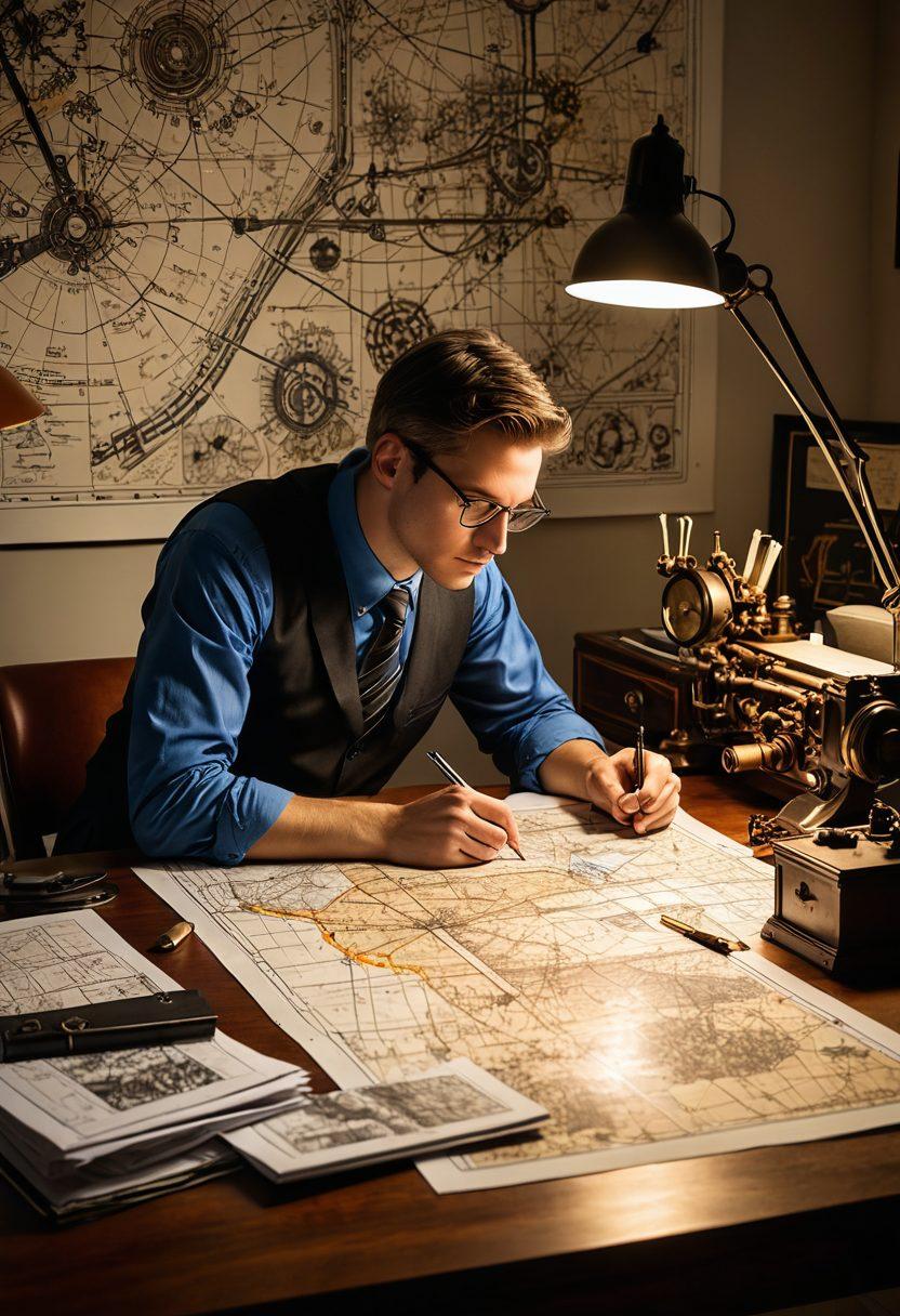 A person at a desk surrounded by blueprints and magnifying glasses, studying intricate designs of unknown machinery. In the background, a wall decorated with maps and diagrams highlighting exploration and discovery. A light bulb above the desk symbolizes ideas and insights. Add a subtle glow to elements that represent hidden knowledge. super-realistic. vibrant colors. white background.